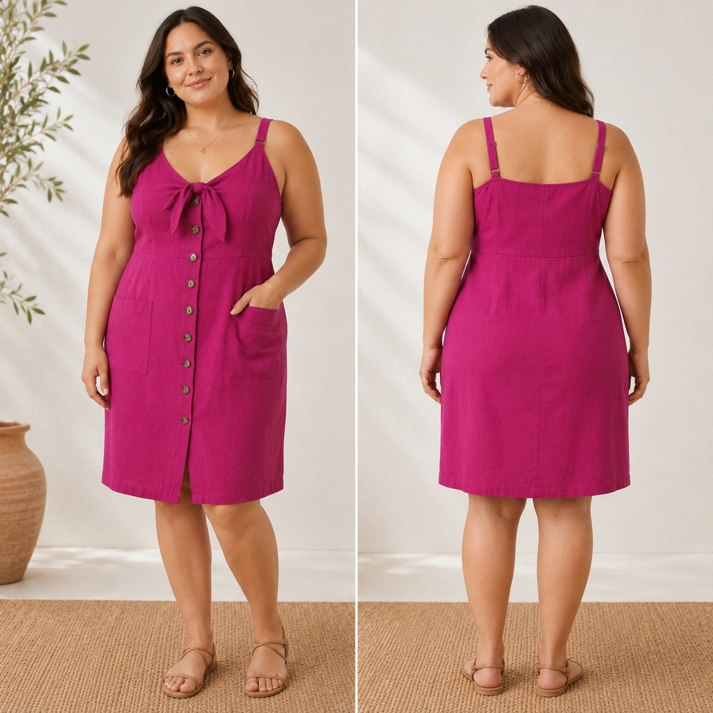 City Chic NWOT Magenta Pink Linen Blend Button Front Tie‎ Neck Sun Dress L 20